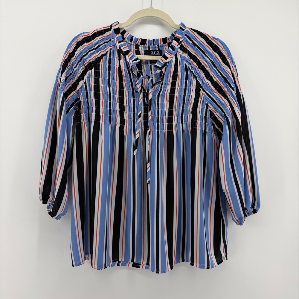 ana Blouse Blue Striped Womens XS Smocked Tie Neck 3/4 Sleeve Boho Top